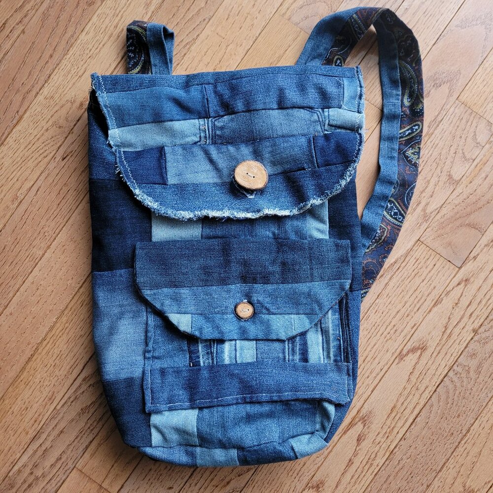 Upcycled Denim Patchwork Backpack Handmade OOAK 15"x12" Sustainable Rucksack